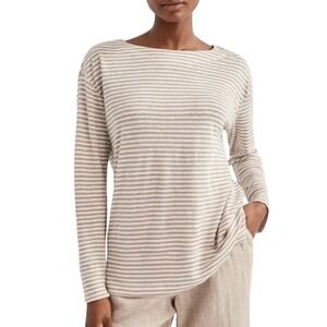 Haven Well Within Linen Jersey Striped Boat Neck Tee,‎ Brown and White, XS, NWOT